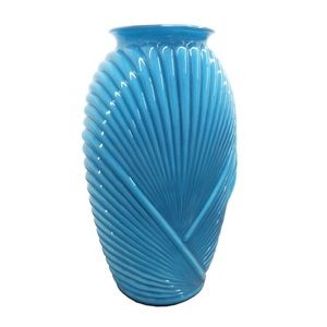 Vintage 1980s Ribbed Art Deco Glass Baby Blue Vase